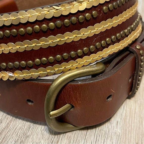 Express Brown Leather Belt Gold Sequins Bronze Studded Vintage Size Small - Picture 1 of 5